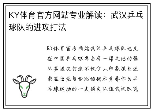 KY体育官方网站专业解读：武汉乒乓球队的进攻打法